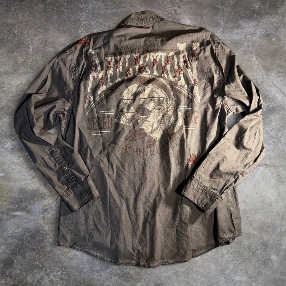 Affliction Black Premium Hand Crafted 1973 Gray Button Up Skull Graphic 3XL